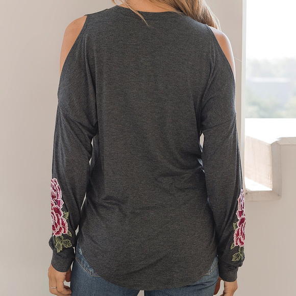 Floral-Accent Front-Twist Shoulder-Cutout Top - Picture 5 of 6